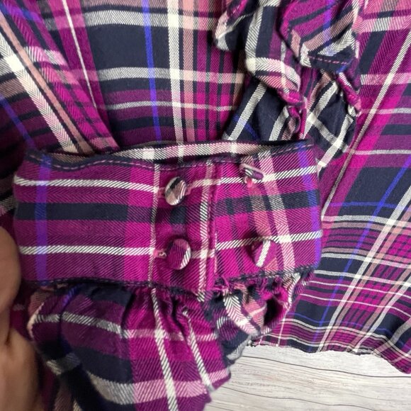 Chico's Women's Plaid  Flannel Top Size 4‎ (20/22) Ruffled Velvet Trim Collar - Picture 5 of 16